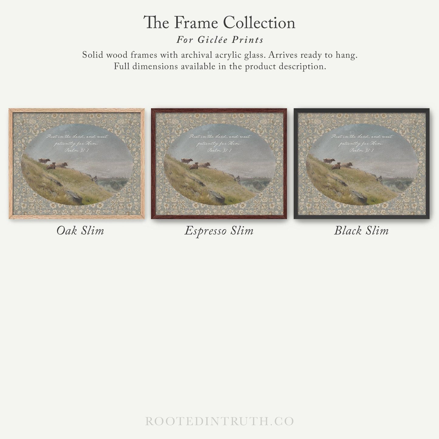 The image is a collection of three framed prints, each with a different color and style, showcasing various landscapes and scenes.
