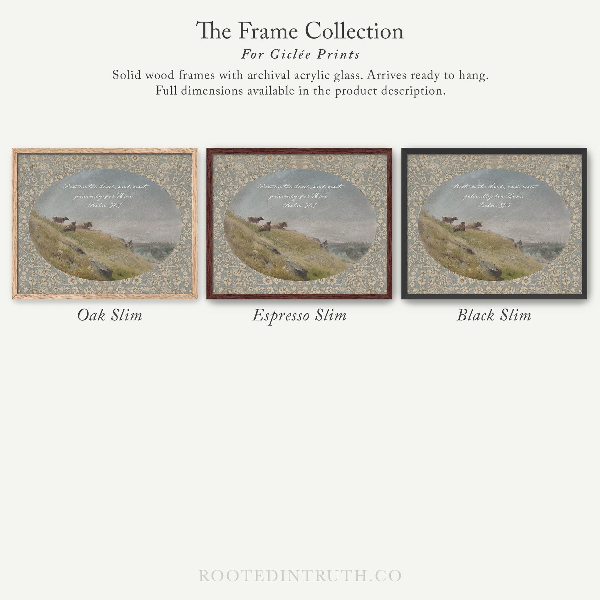 The image is a collection of three framed prints, each with a different color and style, showcasing various landscapes and scenes.