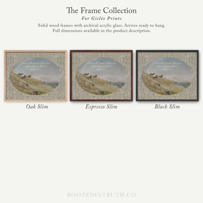 The image is a collection of three framed prints, each with a different color and style, showcasing various landscapes and scenes.