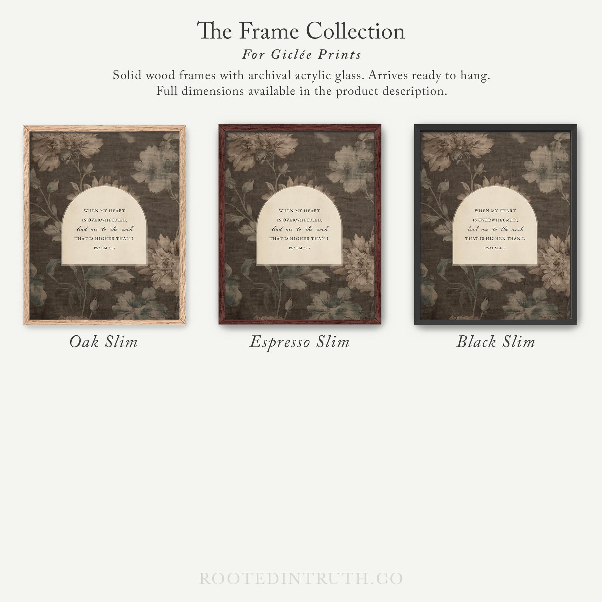 The image is a collection of three framed prints, each with a different wood finish and color, arranged in a row. The text above the prints reads "The Frame Collection For Girte Prints".