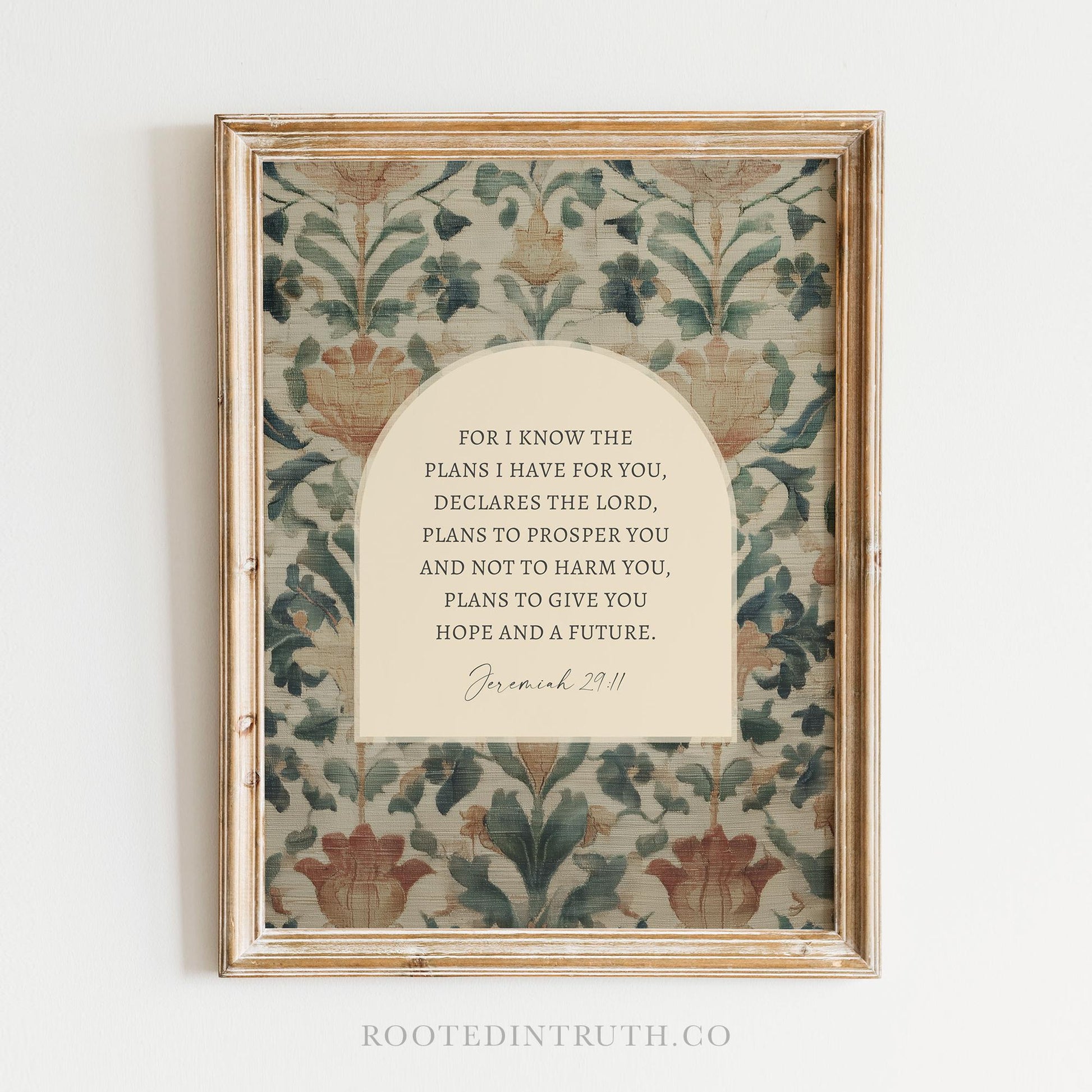 The image is a framed print with a floral pattern and a Bible verse from the book of Jeremiah.