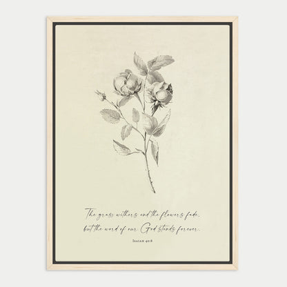 The image is a framed print featuring a black and white illustration of a rose with leaves, accompanied by a Bible verse from Isaiah 40:8.