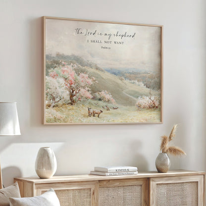 a framed painting of a pastoral landscape with a sheep grazing in the foreground, and a Bible verse from Psalm 23 is displayed above the painting.