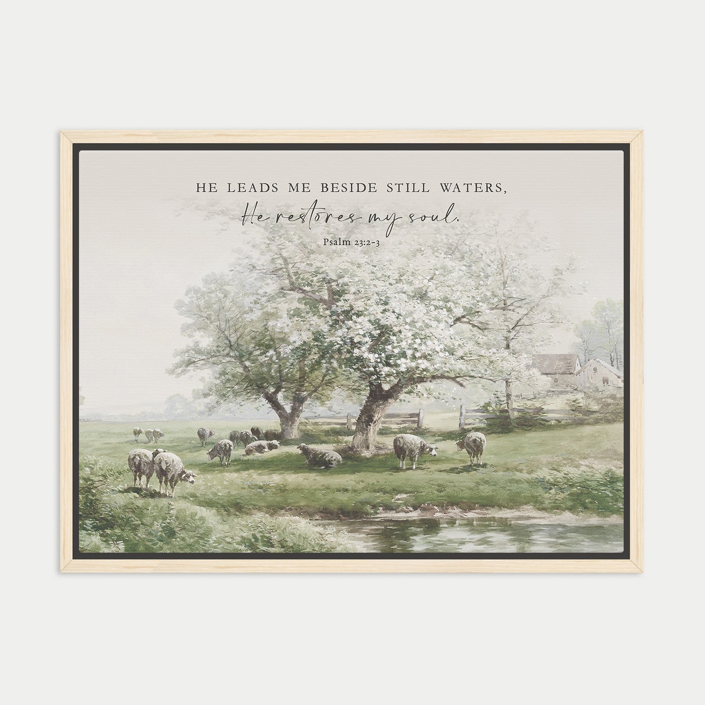 a pastoral scene with a group of sheep grazing in a grassy field near a stream.