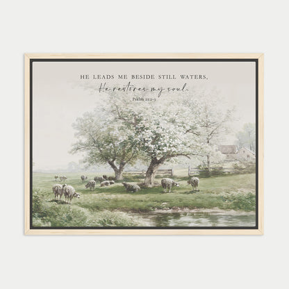 a pastoral scene with a group of sheep grazing in a grassy field near a stream.