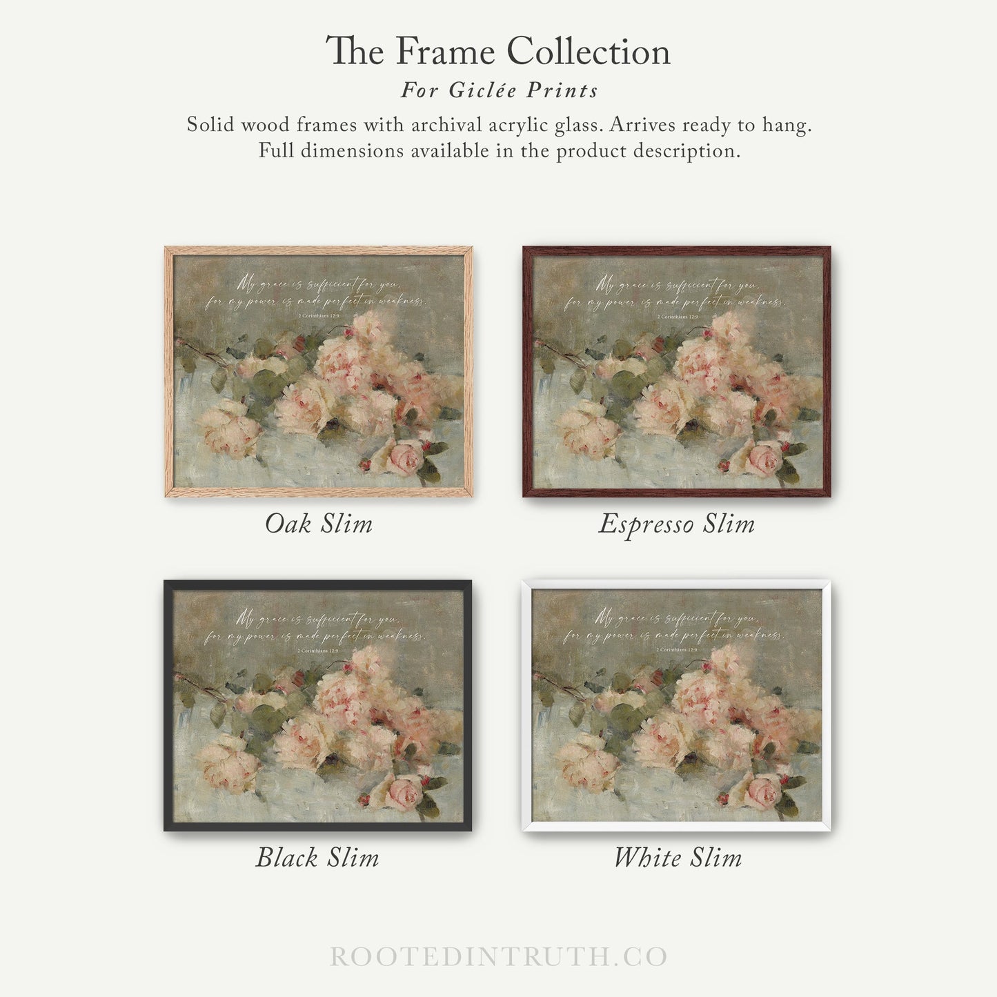The image is a collection of four framed prints, each with a different color and frame style, showcasing the variety of options available for purchasing or displaying artwork.