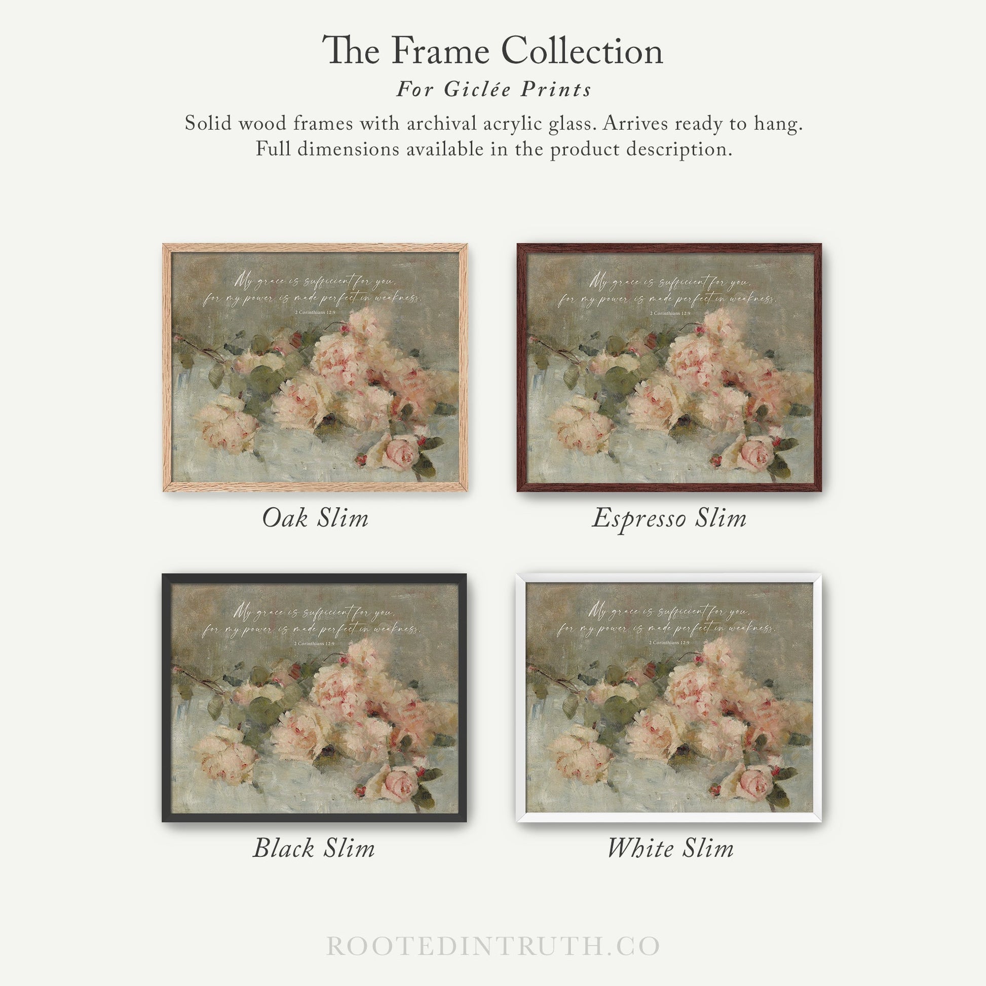 The image is a collection of four framed prints, each with a different color and frame style, showcasing the variety of options available for purchasing or displaying artwork.