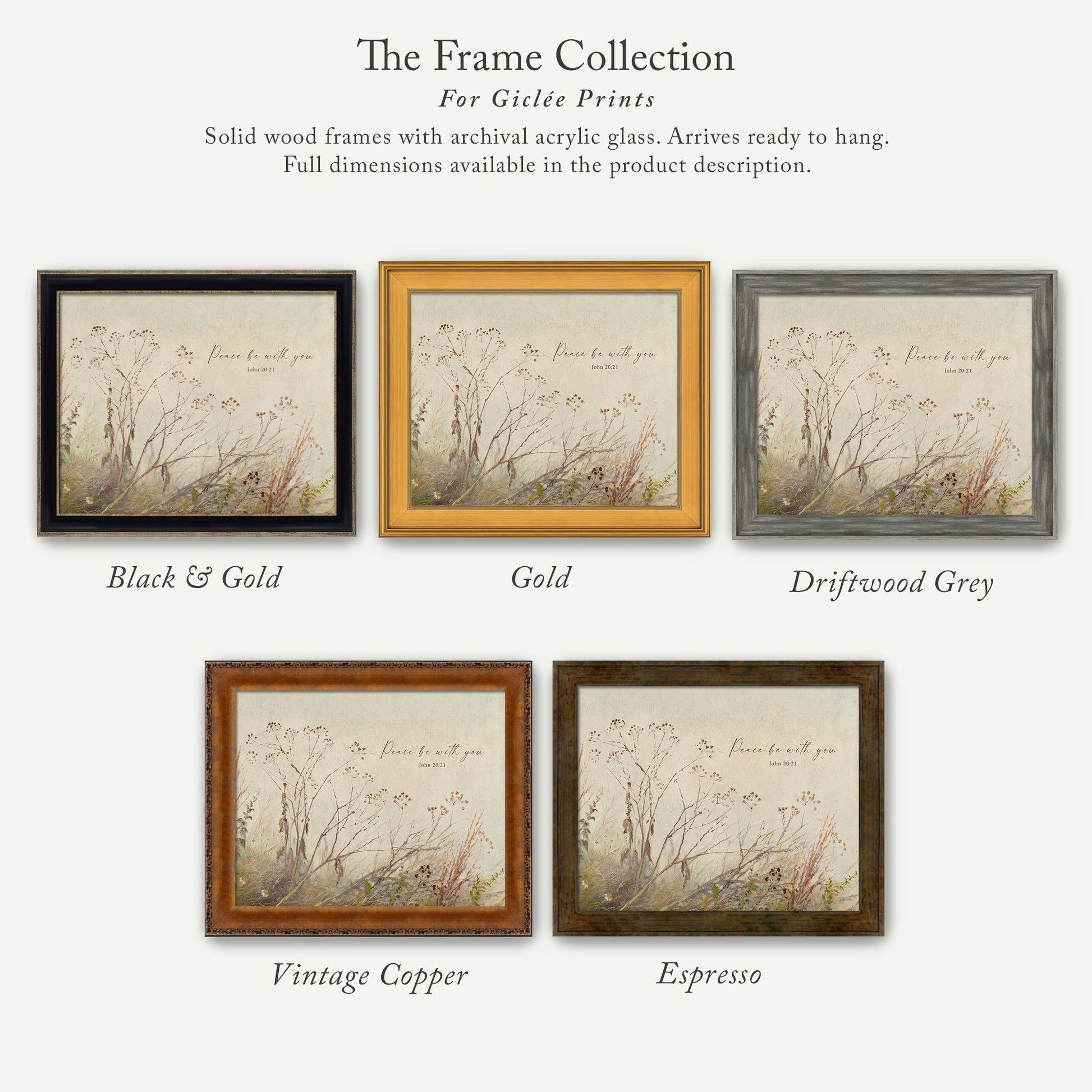 The image is a collection of five framed prints, each with a different color and frame style, showcasing the variety of options available for purchasing or displaying artwork.