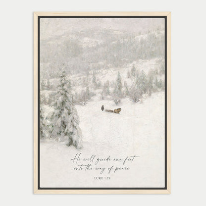 A snowy winter landscape with a person walking through the snow, surrounded by trees and mountains.