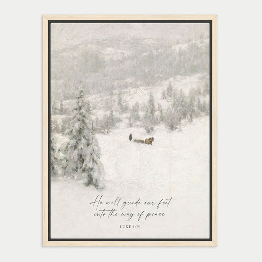 A snowy winter landscape with a person walking through the snow, surrounded by trees and mountains.