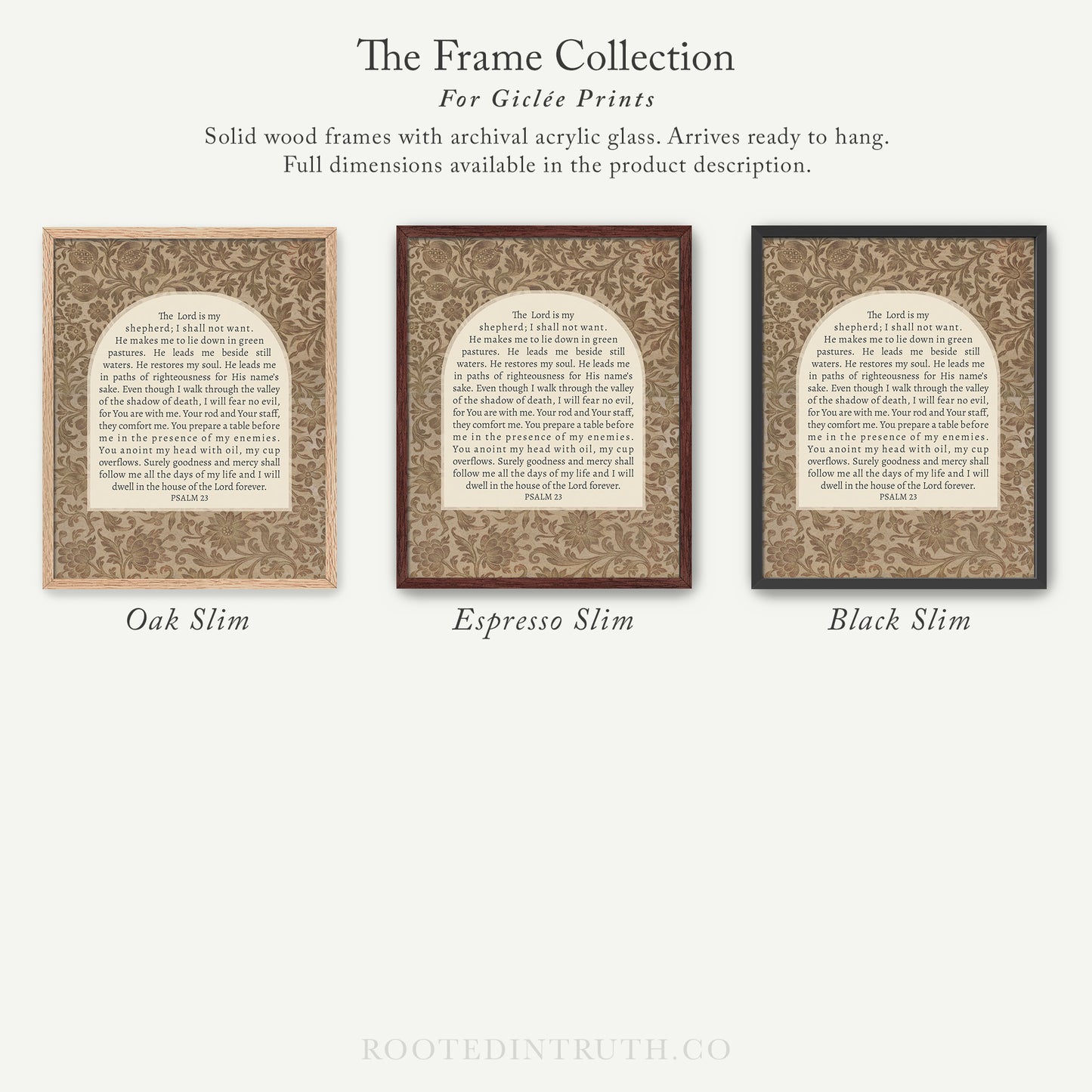 The image is a collection of three framed prints, each with a different color and design, arranged in a row.