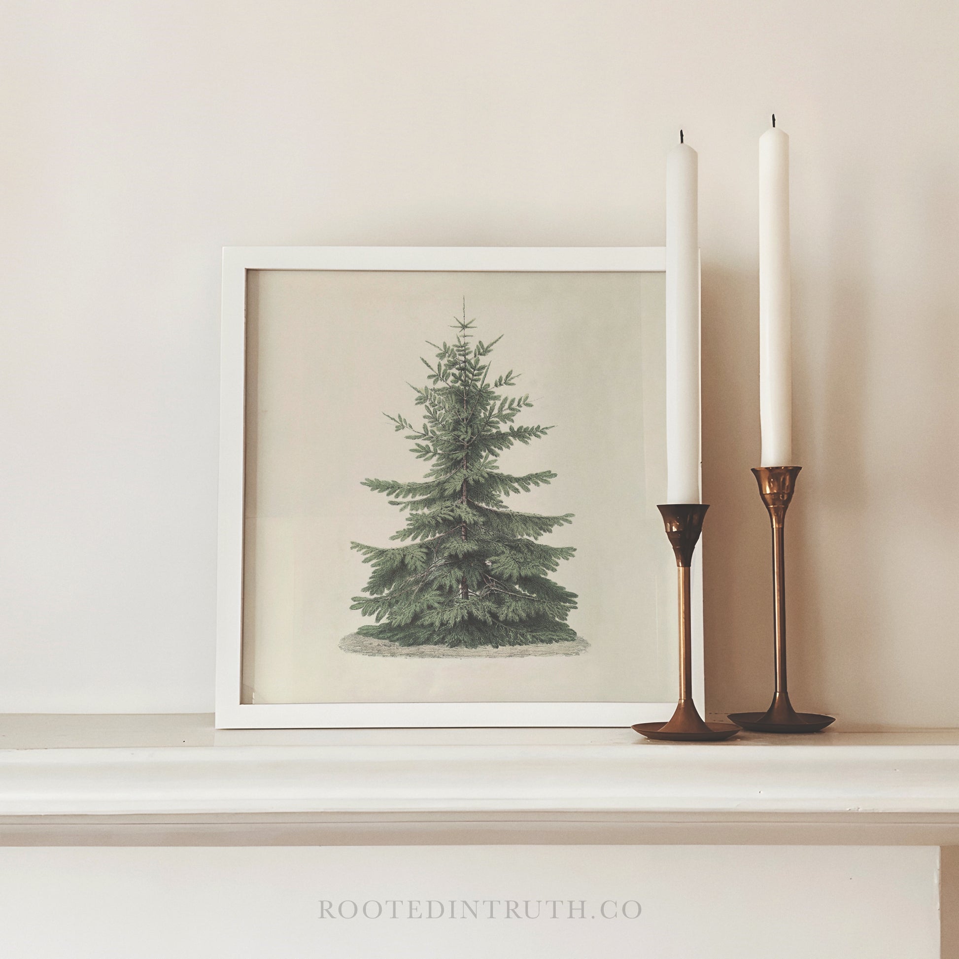 a framed illustration of a pine tree on a white shelf, accompanied by two white candles.