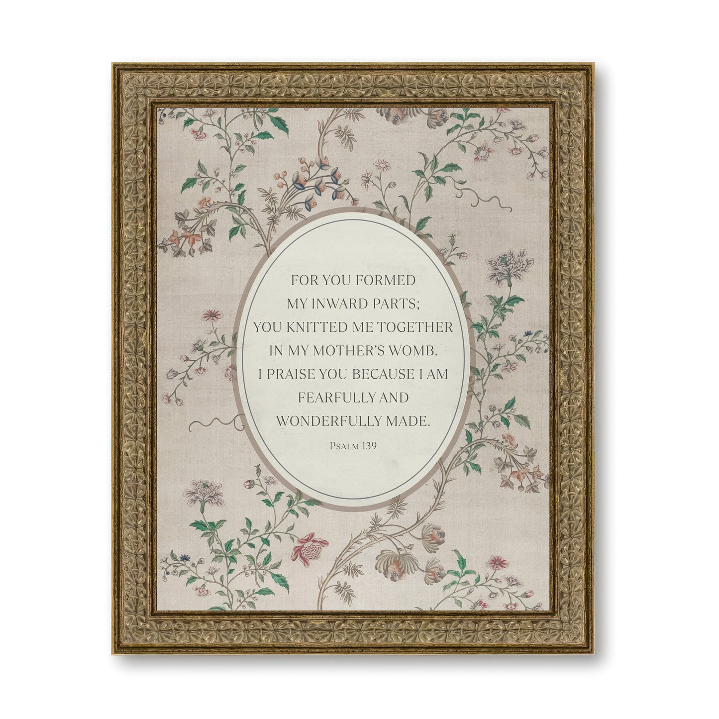 The image is a framed print featuring a floral design with a quote from the Bible verse Psalm 19.