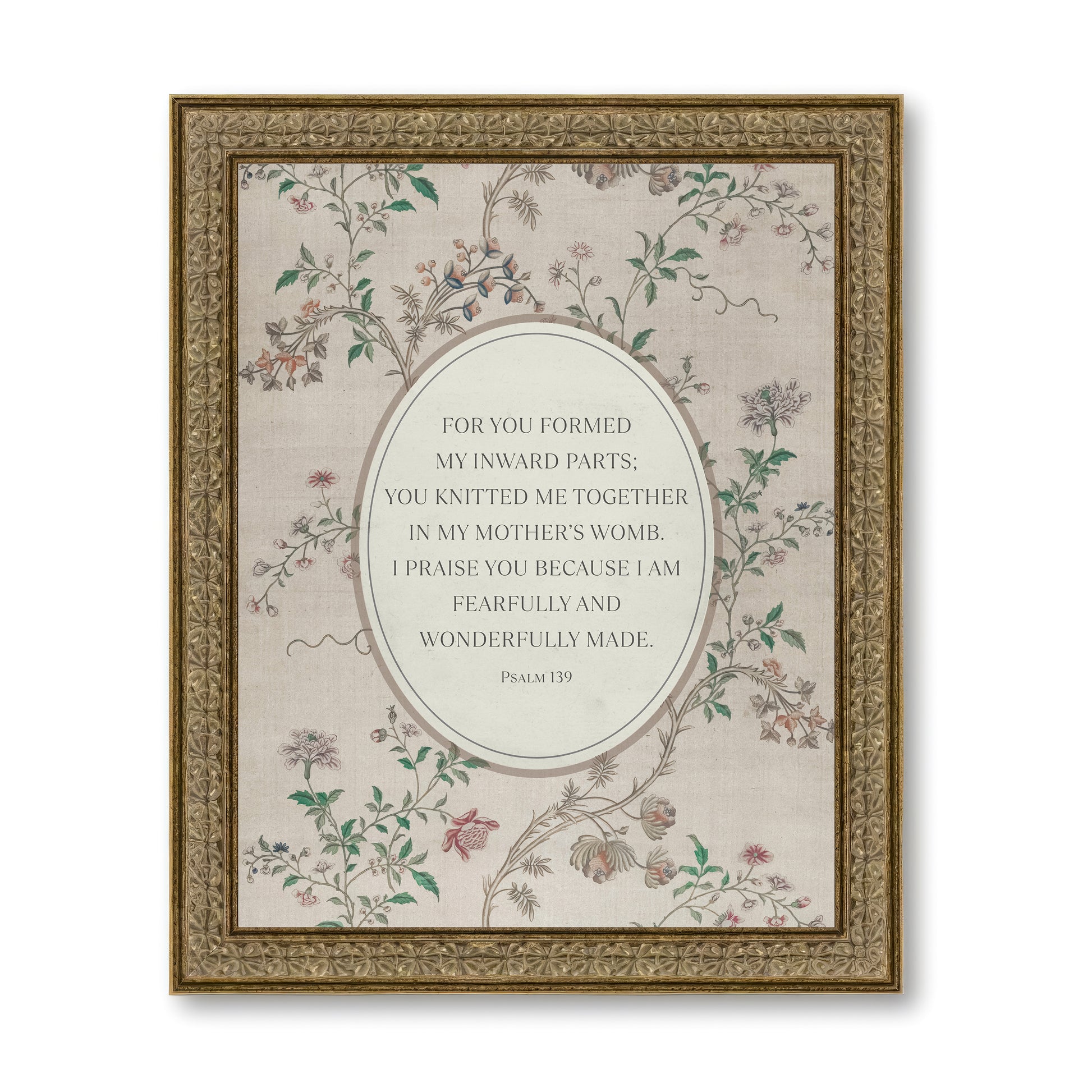 The image is a framed print featuring a floral design with a quote from the Bible verse Psalm 19.