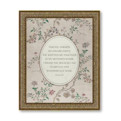 The image is a framed print featuring a floral design with a quote from the Bible verse Psalm 19.