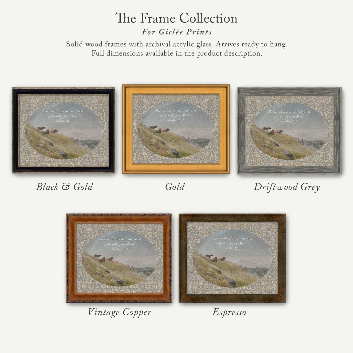 The image is a collection of five framed prints, each with a different color and frame style, showcasing various artistic interpretations of a landscape scene.