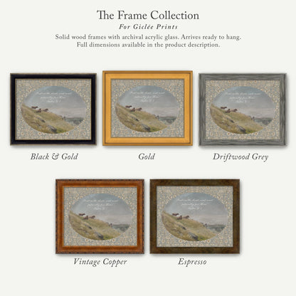 The image is a collection of five framed prints, each with a different color and frame style, showcasing various artistic interpretations of a landscape scene.
