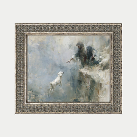 The image is a painting depicting a man reaching out to a white dog, which appears to be jumping into the air. The painting is framed with an ornate, decorative border.