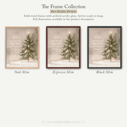 The image is a collection of three framed prints featuring a snowy landscape with a Christmas tree. The frames are solid wood and have archival acrylic glass, which allows them to be hung and displayed. The prints are available in different sizes and styles, including Oak Slim, Espresso Slim, and Black Slim.