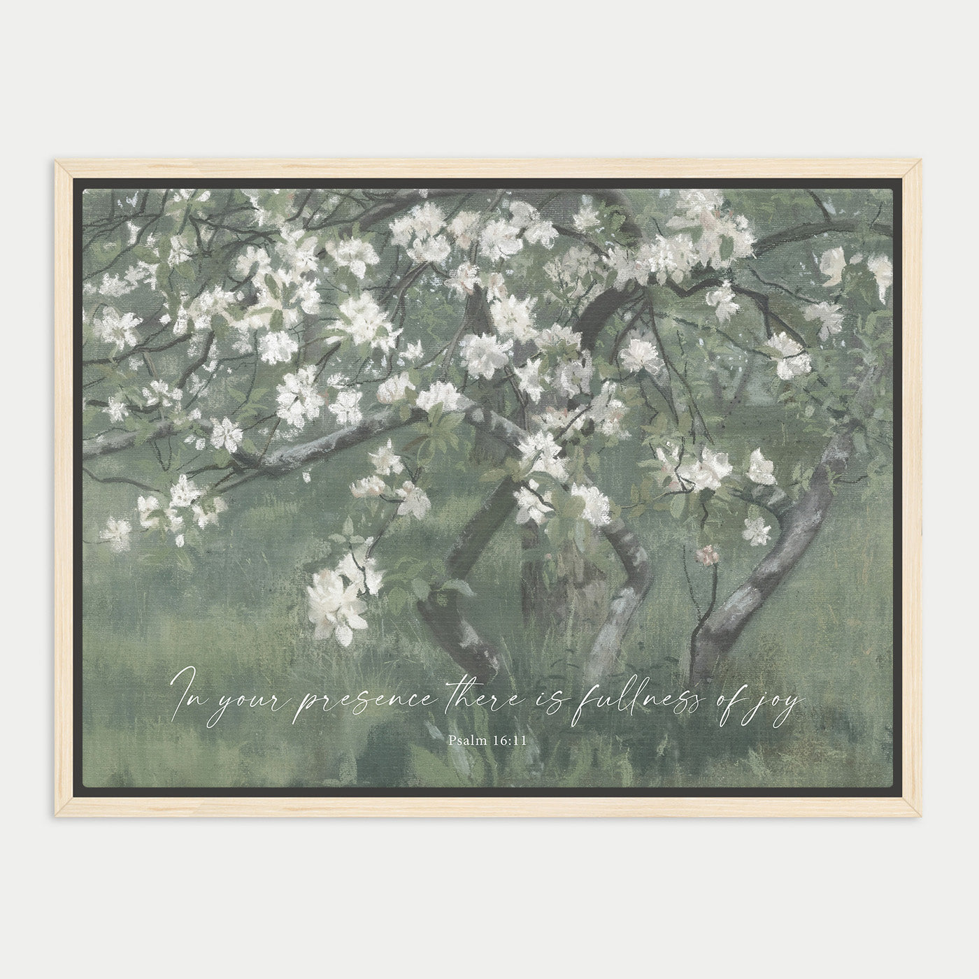 The image is a framed painting depicting a tree with white flowers, surrounded by lush green foliage. The painting is framed in a wooden frame and includes a Bible verse from Psalm 16:11, which reads "In your presence there is fullness of joy".