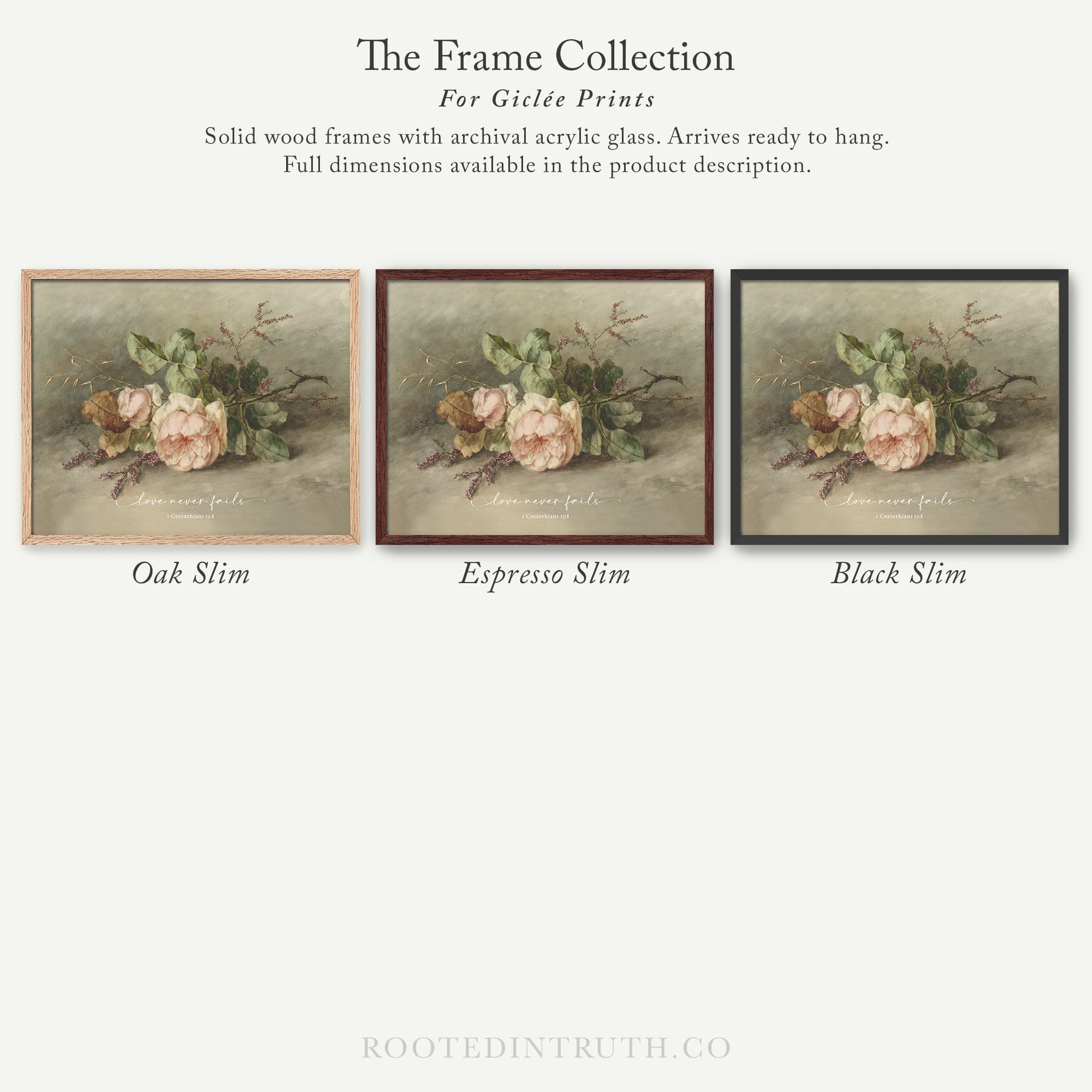 The image is a collection of three framed prints, each featuring a different color and style of wood frame. The text above the prints reads "The Frame Collection For Girte Prints" and describes the frames as "Solid wood frames with archival acrylic glass. Arrives ready to hang. Full dimensions available in the product description."