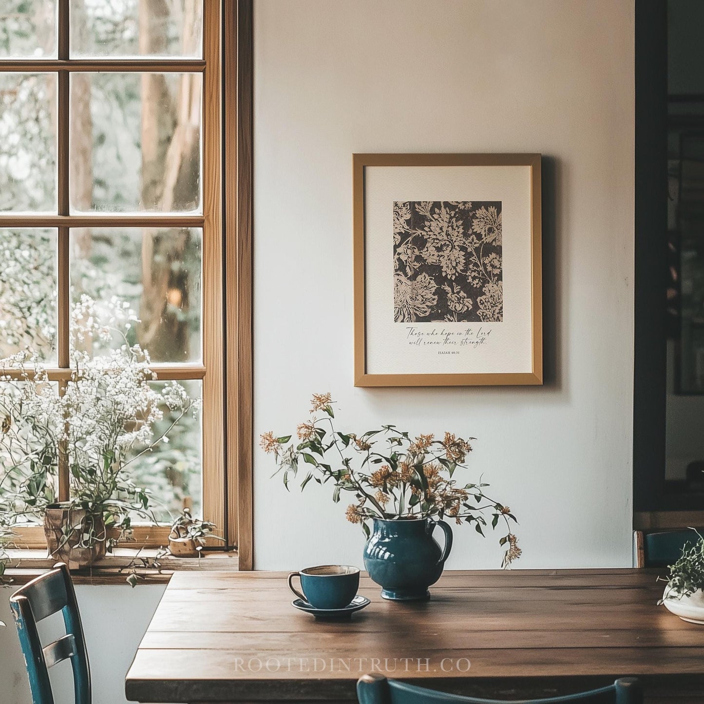 a wooden table with a vase of flowers on top of it