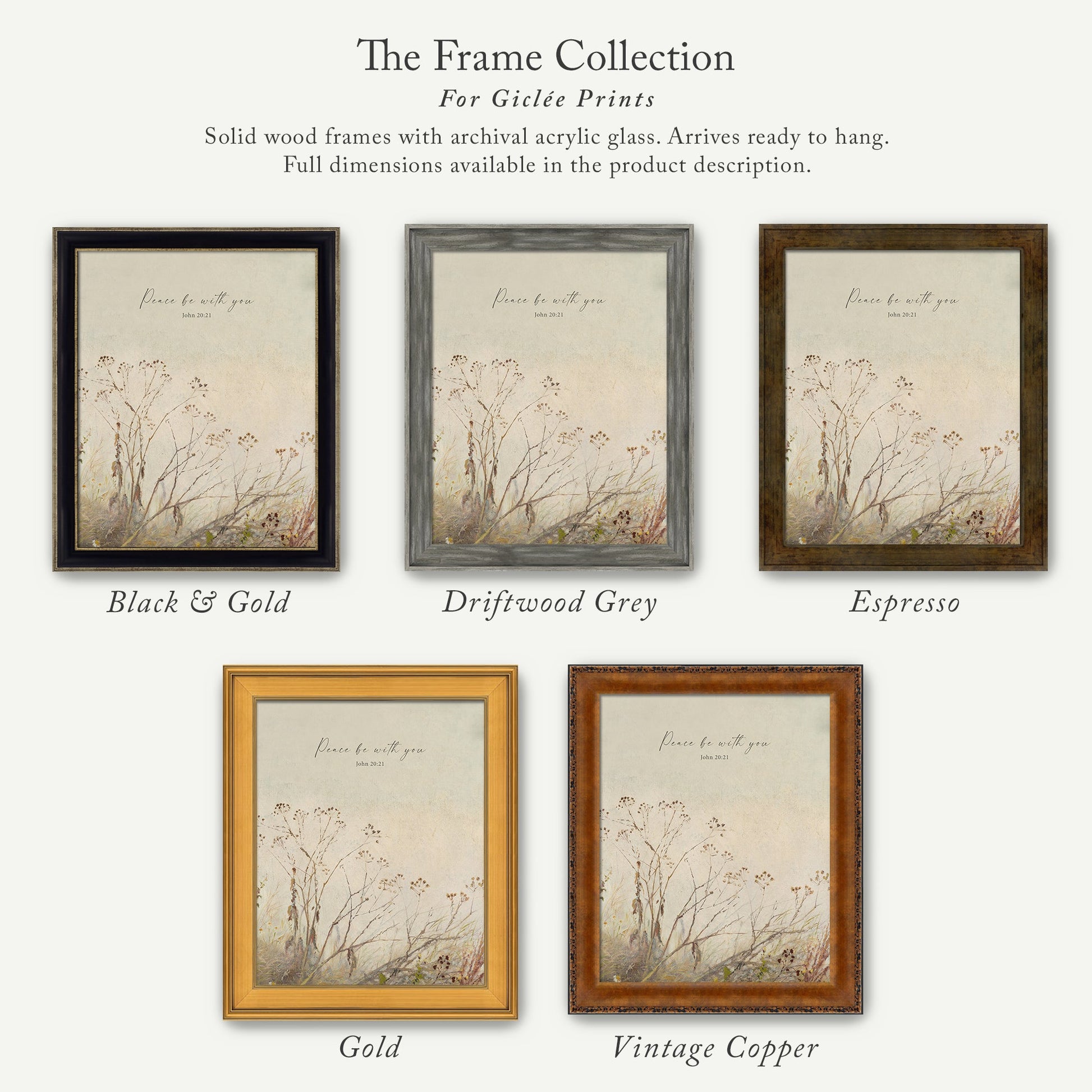 The image is a collection of five framed prints, each with a different color and frame style, showcasing the variety of options available for purchasing or displaying artwork.