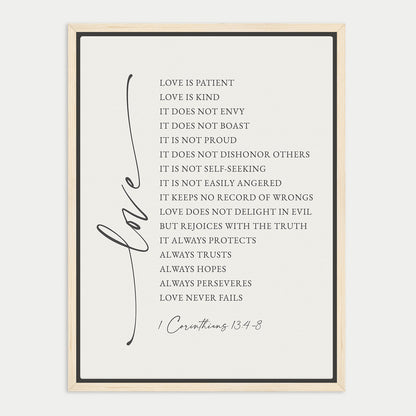 The image is a framed print featuring a list of Bible verse references, specifically from 1 Corinthians 13:8.