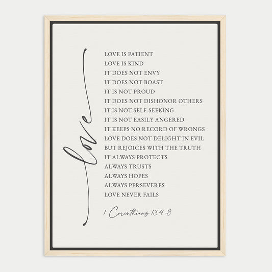 The image is a framed print featuring a list of Bible verse references, specifically from 1 Corinthians 13:8.