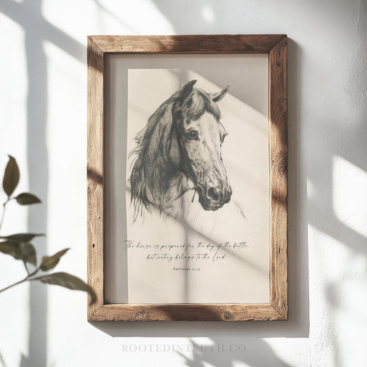 Christian wall art print of a horse in a wood vintage frame
