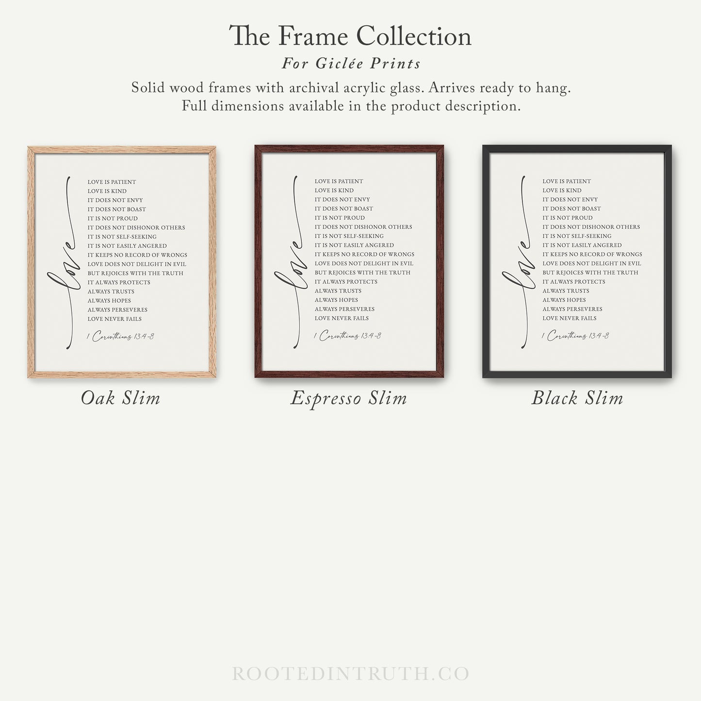 The image is a collection of three framed prints, each with a different color and design, showcasing the variety of the frame collection for giraffe prints.