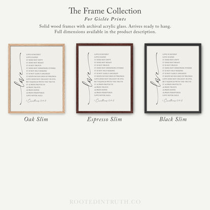 The image is a collection of three framed prints, each with a different color and design, showcasing the variety of the frame collection for giraffe prints.