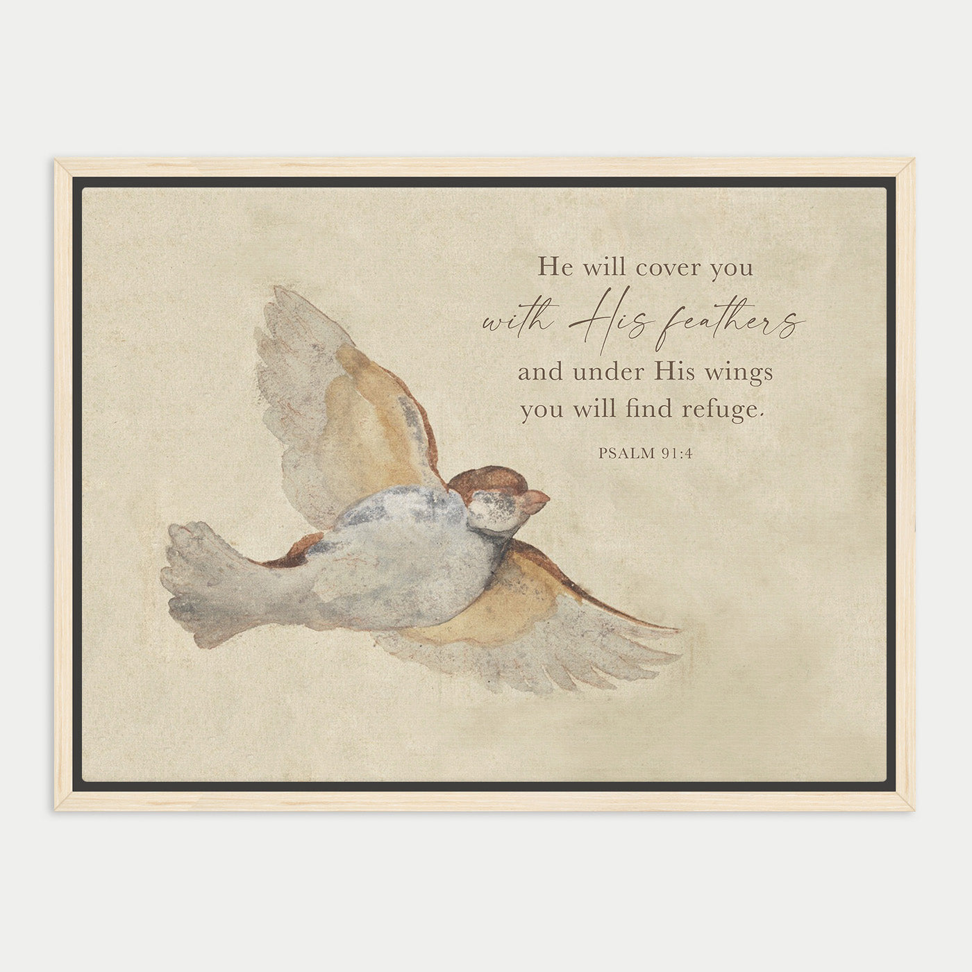 The image is a framed print featuring a painting of a bird in flight, with a Bible verse from Psalm 9:4 overlaid on the image.