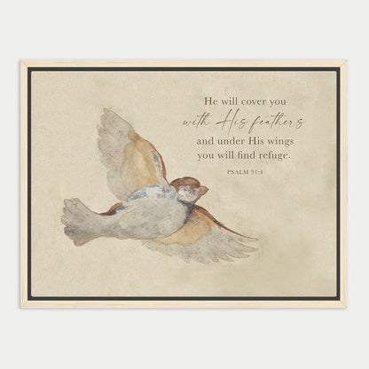The image is a framed print featuring a painting of a bird in flight, with a Bible verse from Psalm 9:4 overlaid on the image.