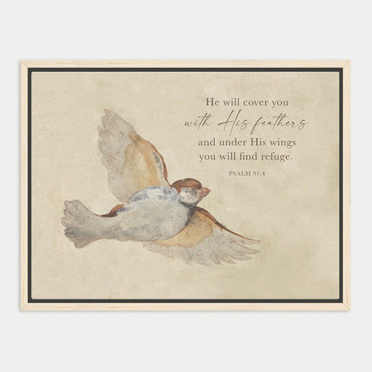 The image is a framed print featuring a painting of a bird in flight, with a Bible verse from Psalm 9:4 overlaid on the image.