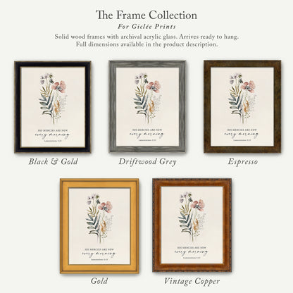 a collection of five framed prints, each with a different color and frame style, arranged in a row. The text above the prints reads "The Frame Collection For Girte Prints".