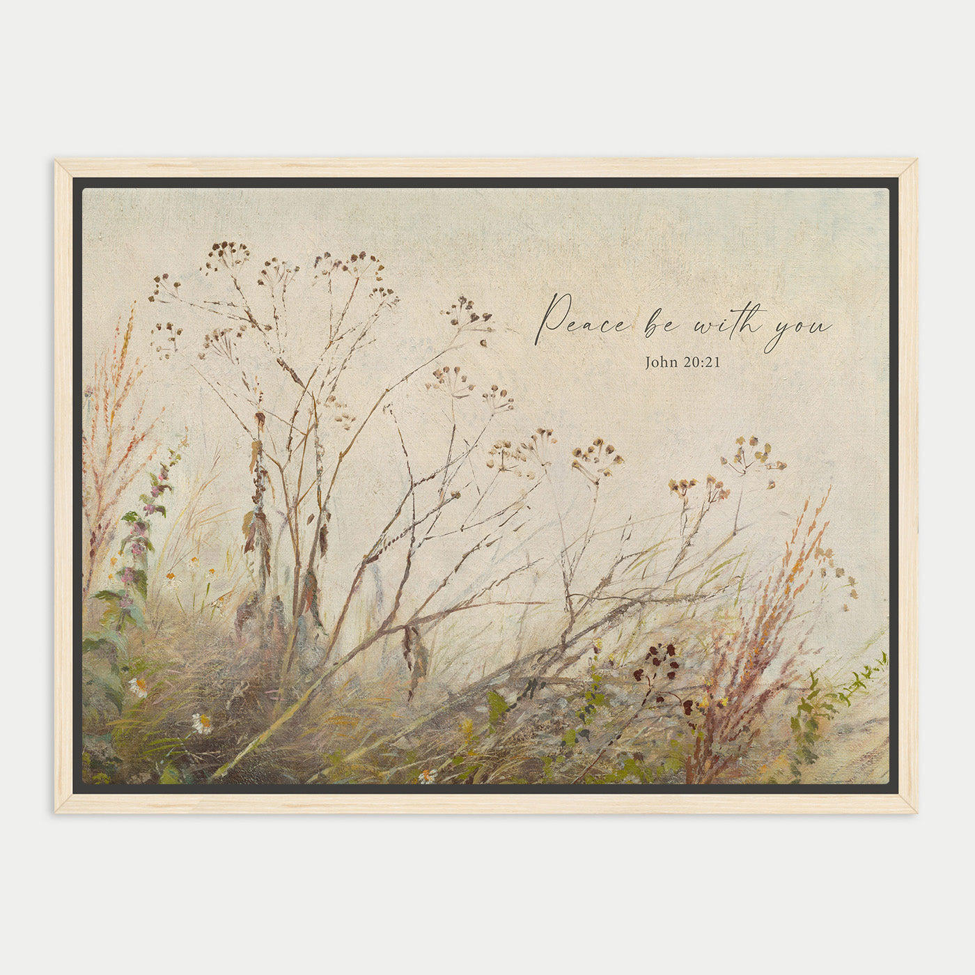 The image is a framed painting depicting a serene landscape with tall grasses and wildflowers. The text "Peace be with you" is written in cursive above the painting, and the date "John 20:1" is also visible.