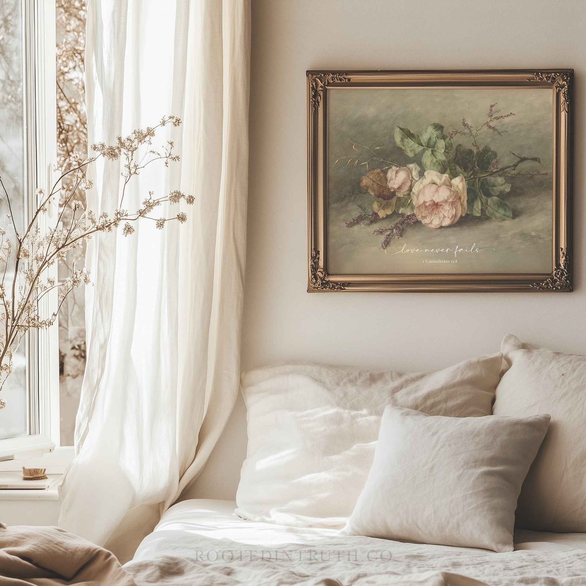a bed with a white comforter and a painting on the wall