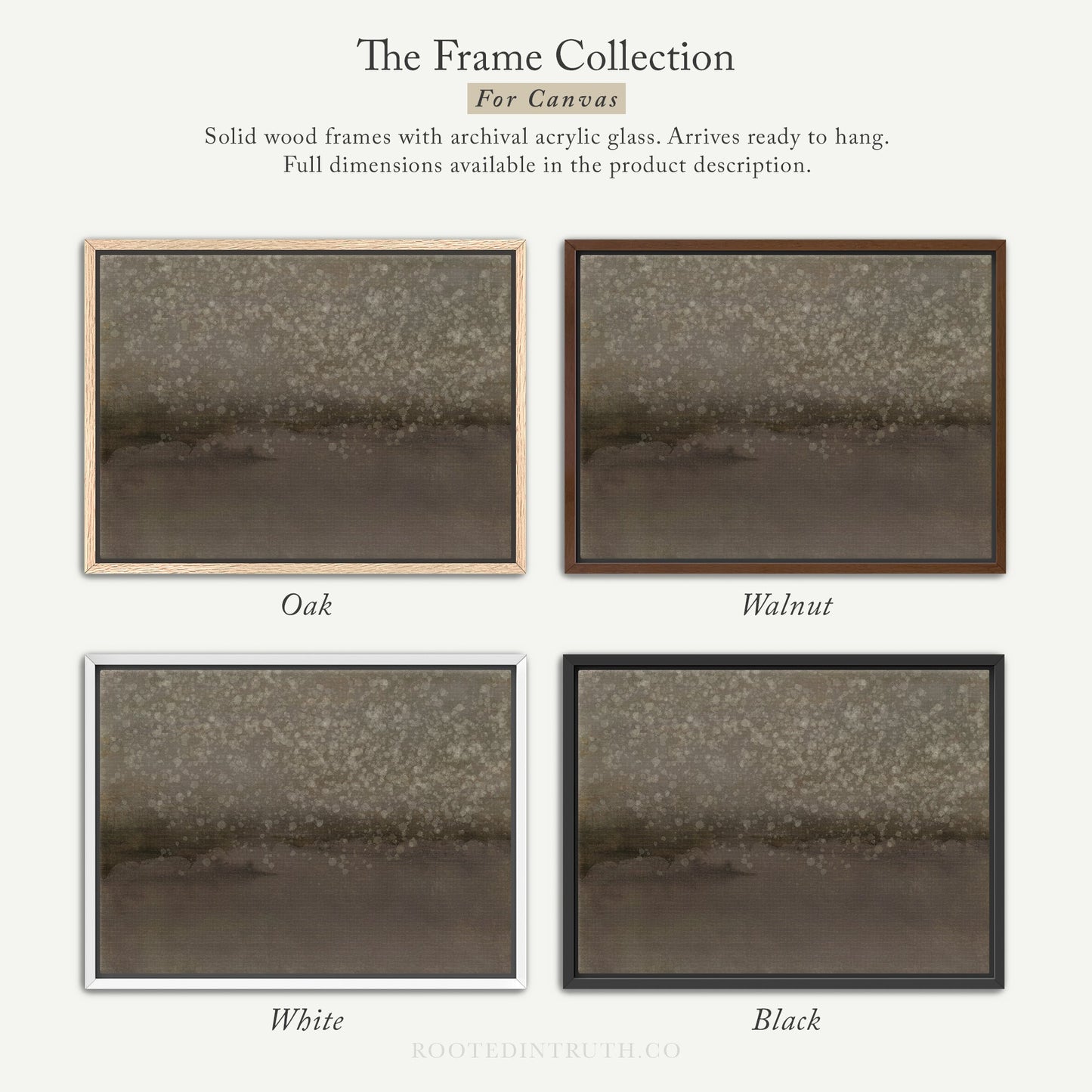 The image is a collage of four different framed artworks, each with a distinct color and frame style. The artworks are titled "The Frame Collection for Canvas" and are described as solid wood frames with archival acrylic glass, arriving ready to hang. The artworks are organized in a way that allows for easy comparison and contrast, with each frame showcasing a different color and frame style.