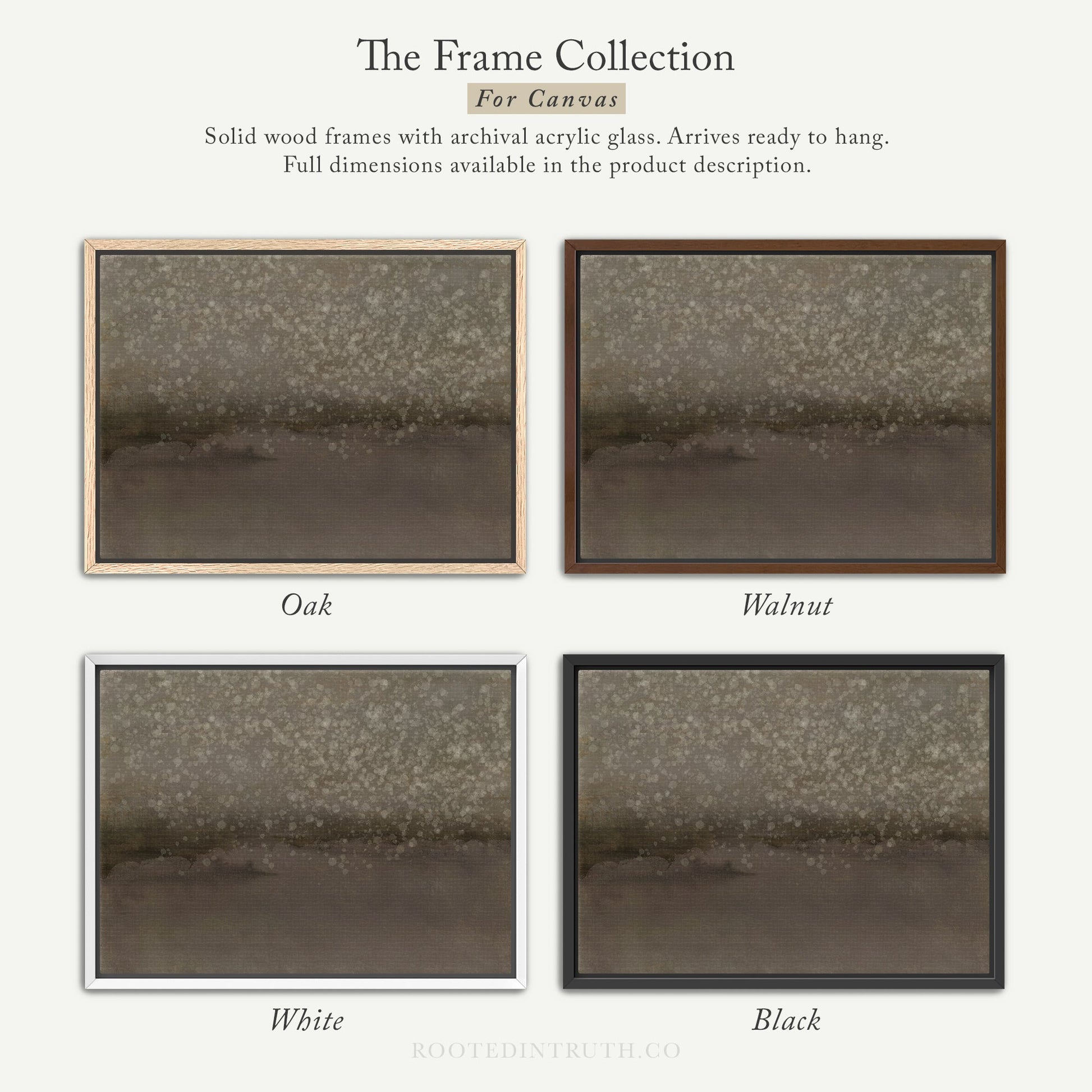 The image is a collage of four different framed artworks, each with a distinct color and frame style. The artworks are titled "The Frame Collection for Canvas" and are described as solid wood frames with archival acrylic glass, arriving ready to hang. The artworks are organized in a way that allows for easy comparison and contrast, with each frame showcasing a different color and frame style.