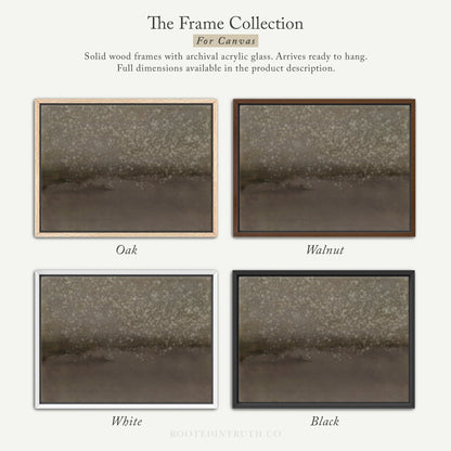 The image is a collage of four different framed artworks, each with a distinct color and frame style. The artworks are titled "The Frame Collection for Canvas" and are described as solid wood frames with archival acrylic glass, arriving ready to hang. The artworks are organized in a way that allows for easy comparison and contrast, with each frame showcasing a different color and frame style.