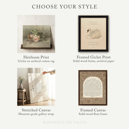 four different artworks and frames, each with unique styles and characteristics. The artworks include a Heirloom Print, astretched Canvas, a framed Giraffe Print, and a framed Canvas. The frames are solid wood frames, and the artworks are displayed on a wall.