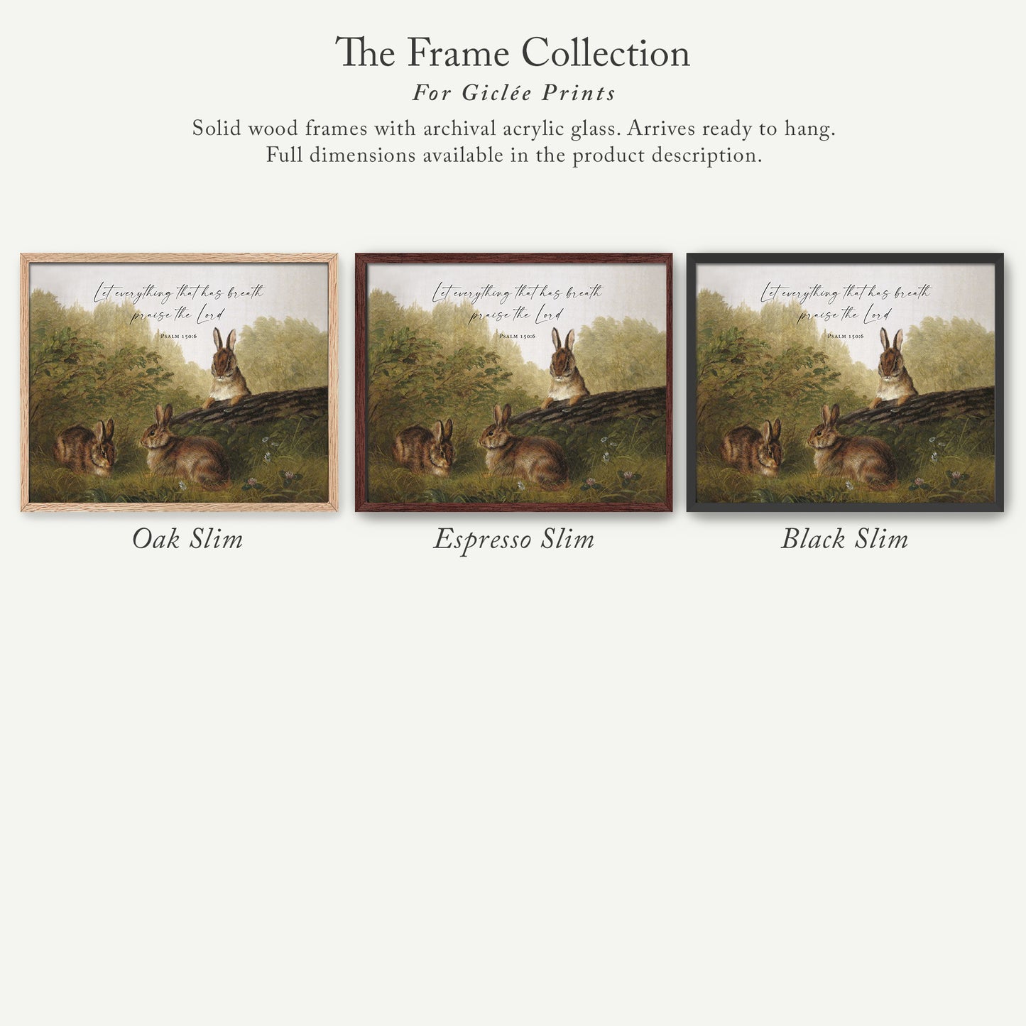 The image is a collection of three framed prints featuring a painting of rabbits in a natural setting. The frames are solid wood and have a clear acrylic glass front, allowing for full dimensions to be visible.