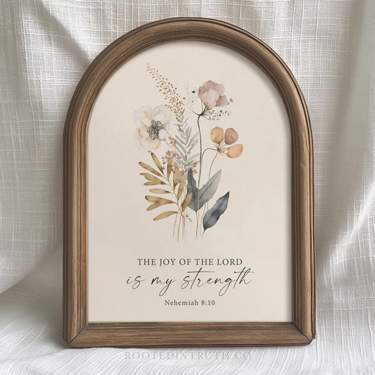 A Christian vintage wall art print with a scripture bible verse from Nehemiah. There is a watercolor floral bouquet.