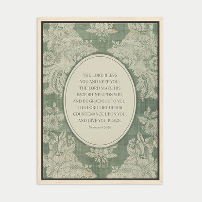 The image is a framed print featuring a floral pattern and a central text quote from the Bible, specifically the Book of Common Prayer.