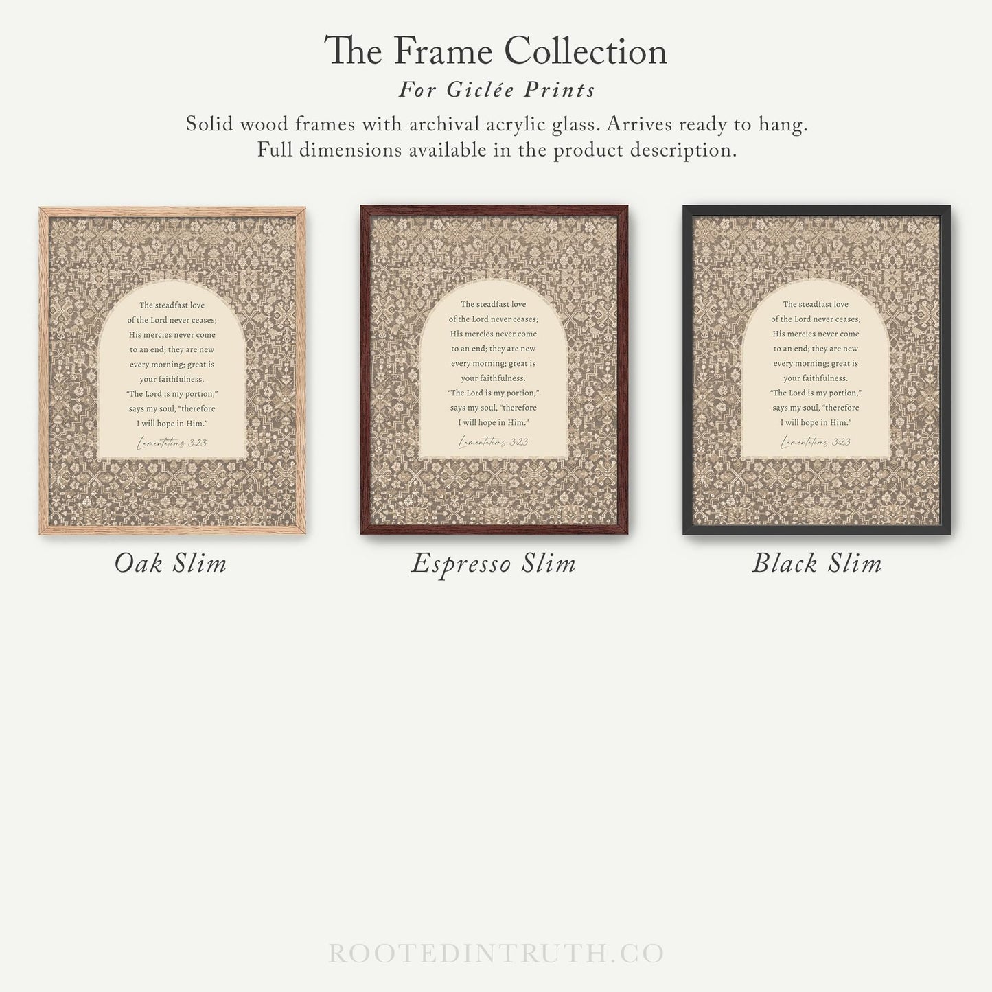 The image is a collection of three framed prints, each with a different color and design, arranged in a row.