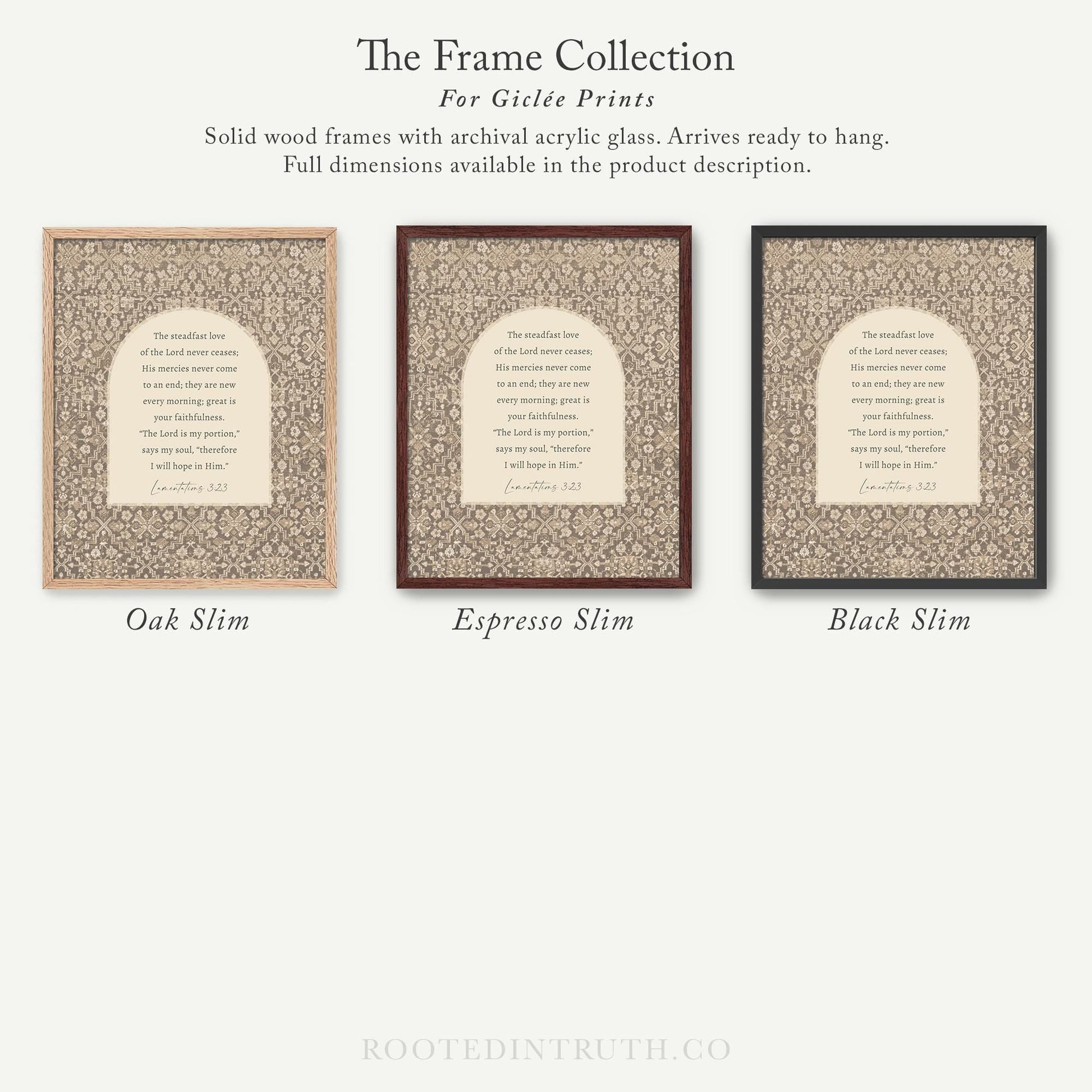 The image is a collection of three framed prints, each with a different color and design, arranged in a row.