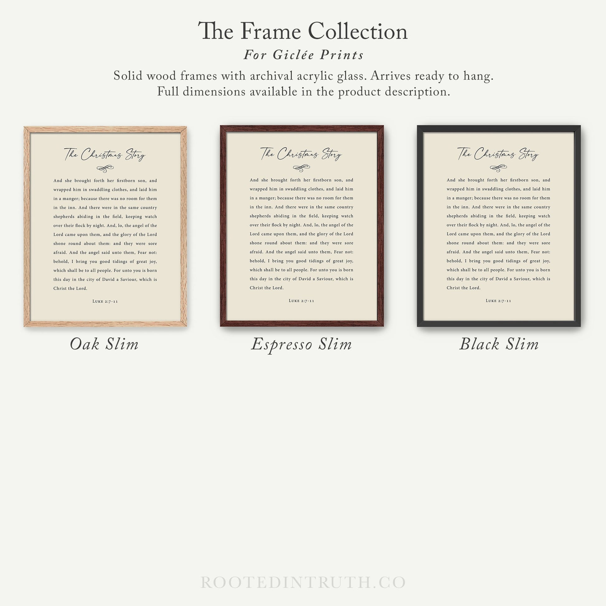 The image is a collection of three framed prints, each with a different color and size, arranged in a row. The text on the prints is a religious story, and the image description should avoid redundancy and focus on the content of the prints.