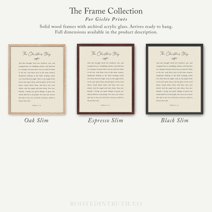 The image is a collection of three framed prints, each with a different color and size, arranged in a row. The text on the prints is a religious story, and the image description should avoid redundancy and focus on the content of the prints.