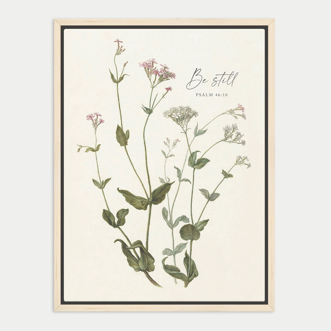 The image is a framed print featuring a botanical illustration of various plants and flowers, with the text "Be still" and " Psalm 46:10" displayed above the illustration.